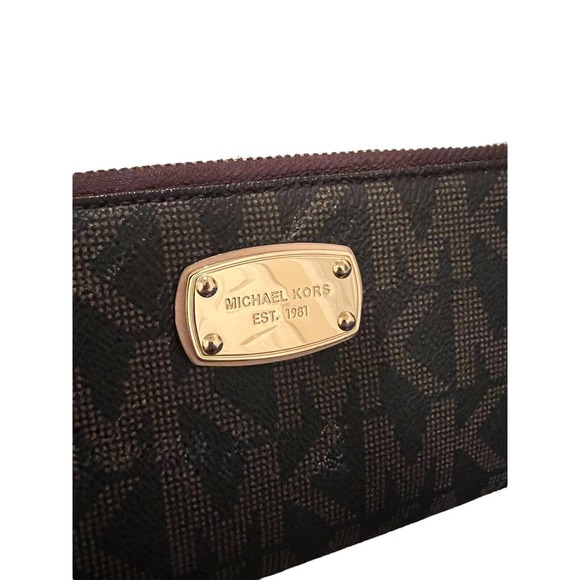 Michael Kors Brown Black Leather MK Print Full Zip Wallet Wristlet Card Holder - Picture 2 of 9